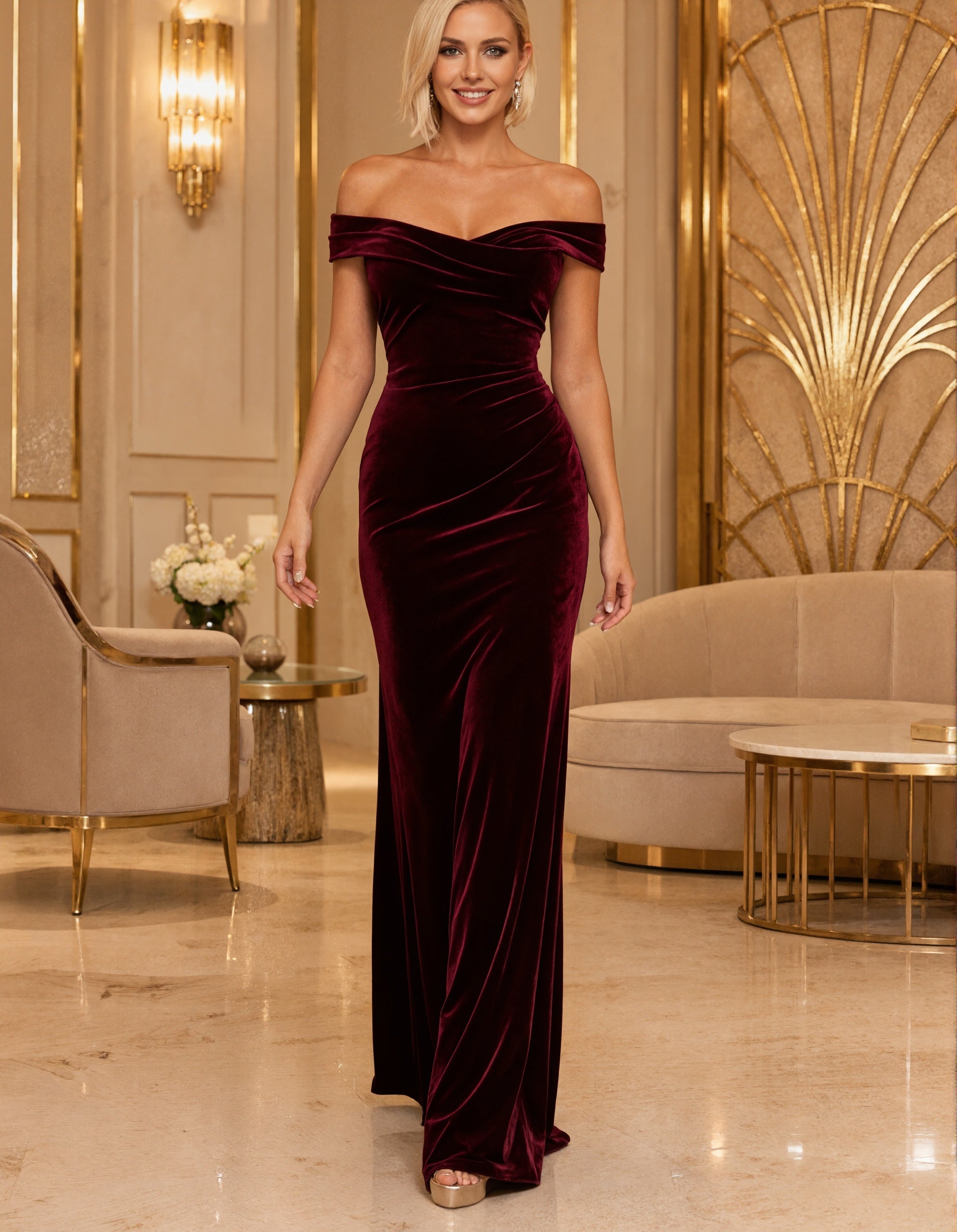 Vestido longo borgonha de veludo estilo ombro a ombro  