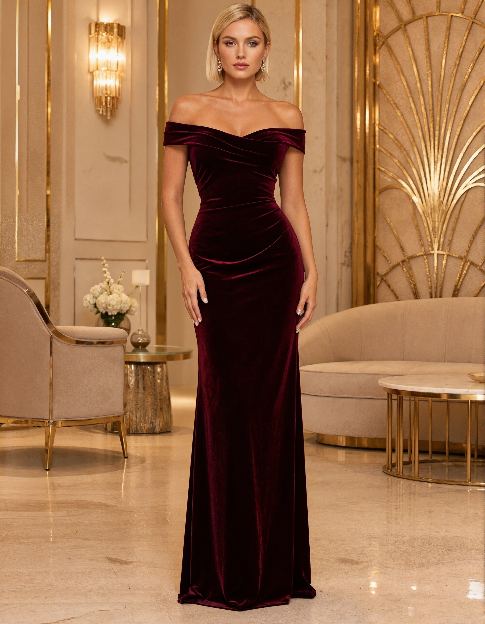 Vestido longo borgonha de veludo estilo ombro a ombro  