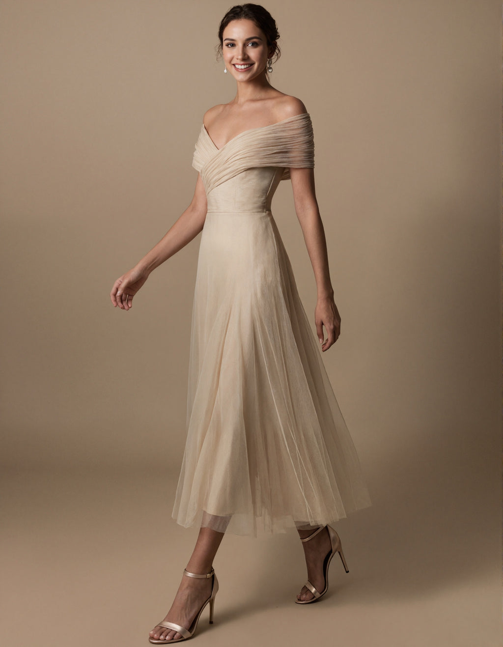 Champagne Colored Tulle Off Shoulder Pleats Maxi Dress