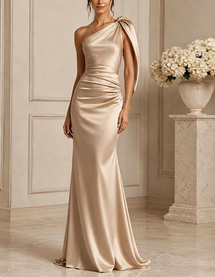 Champagne Satin One Shoulder Maxi Dress