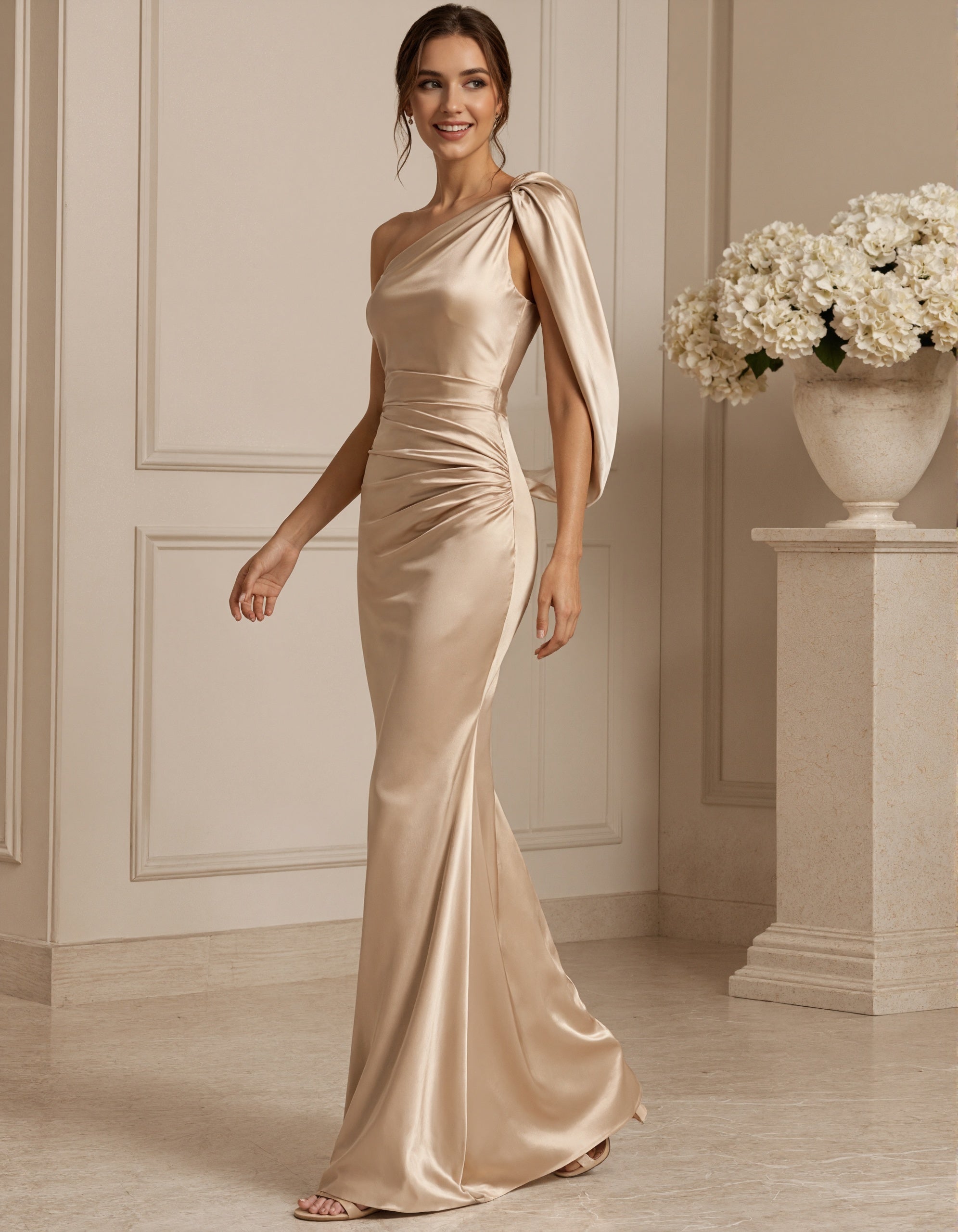 Robe longue en satin couleur champagne à une épaule  