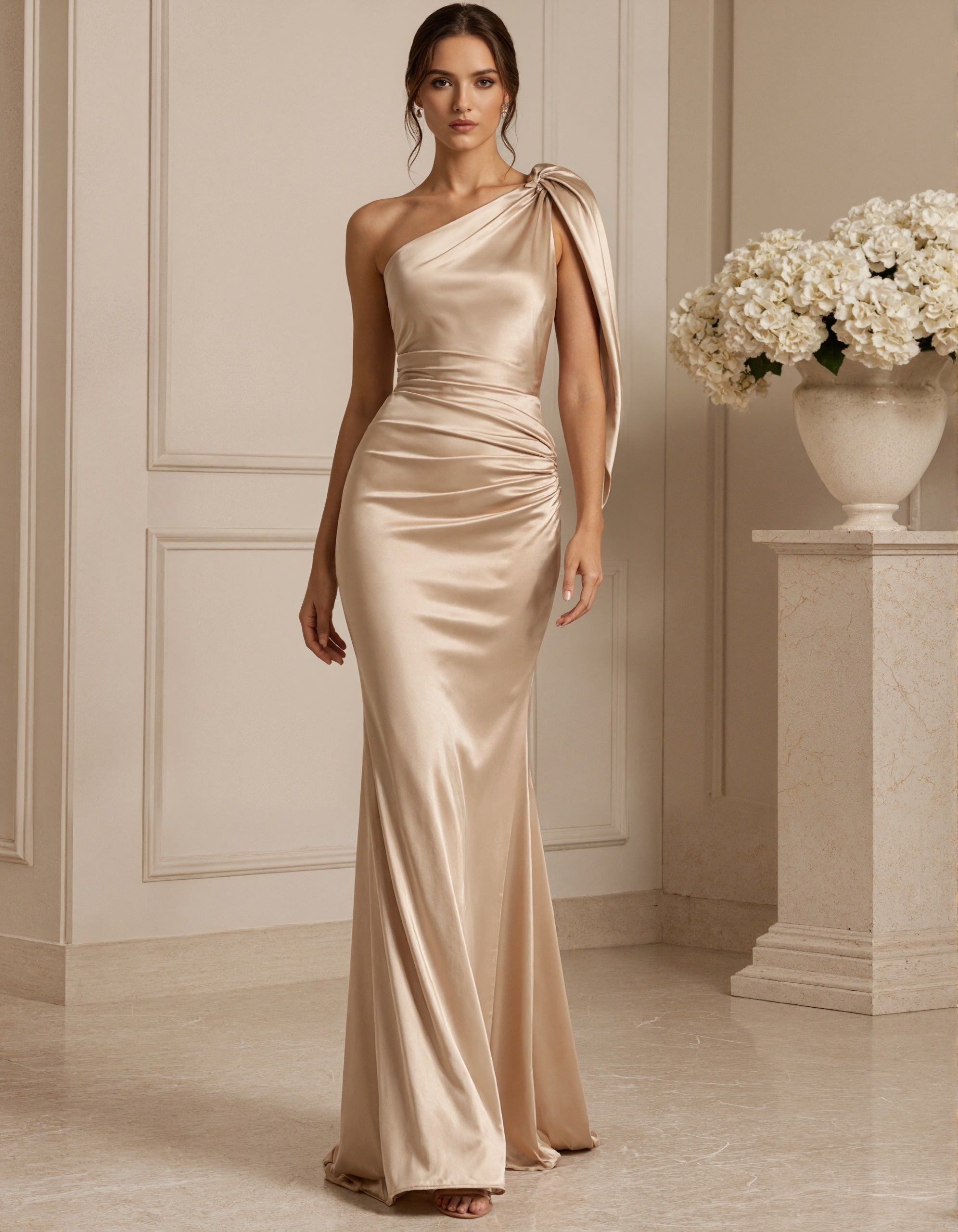 Robe longue en satin couleur champagne à une épaule  