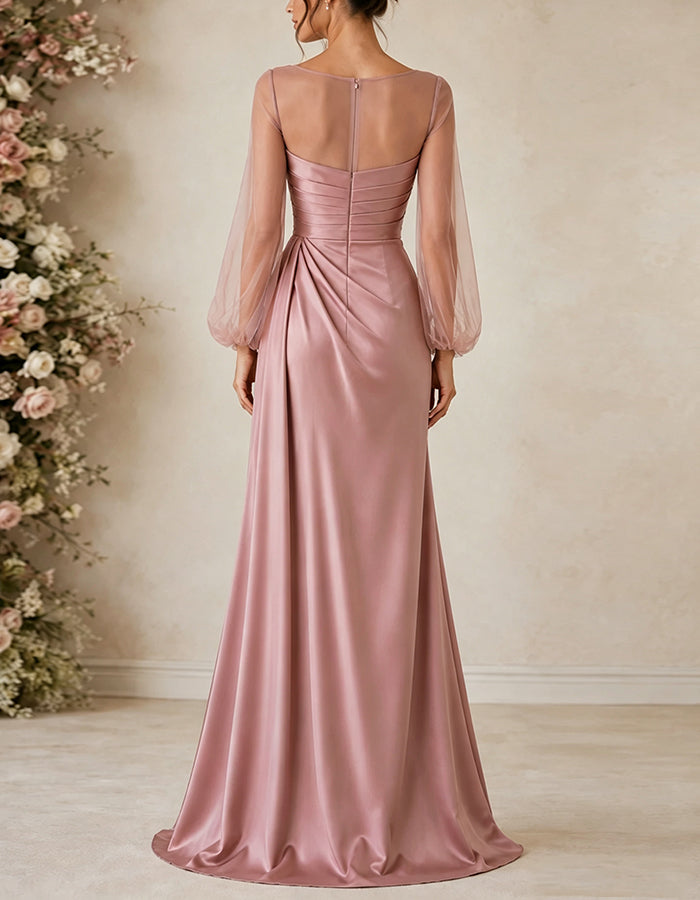 Robe longue rose en satin à col rond avec manches bouffantes en tulle  
