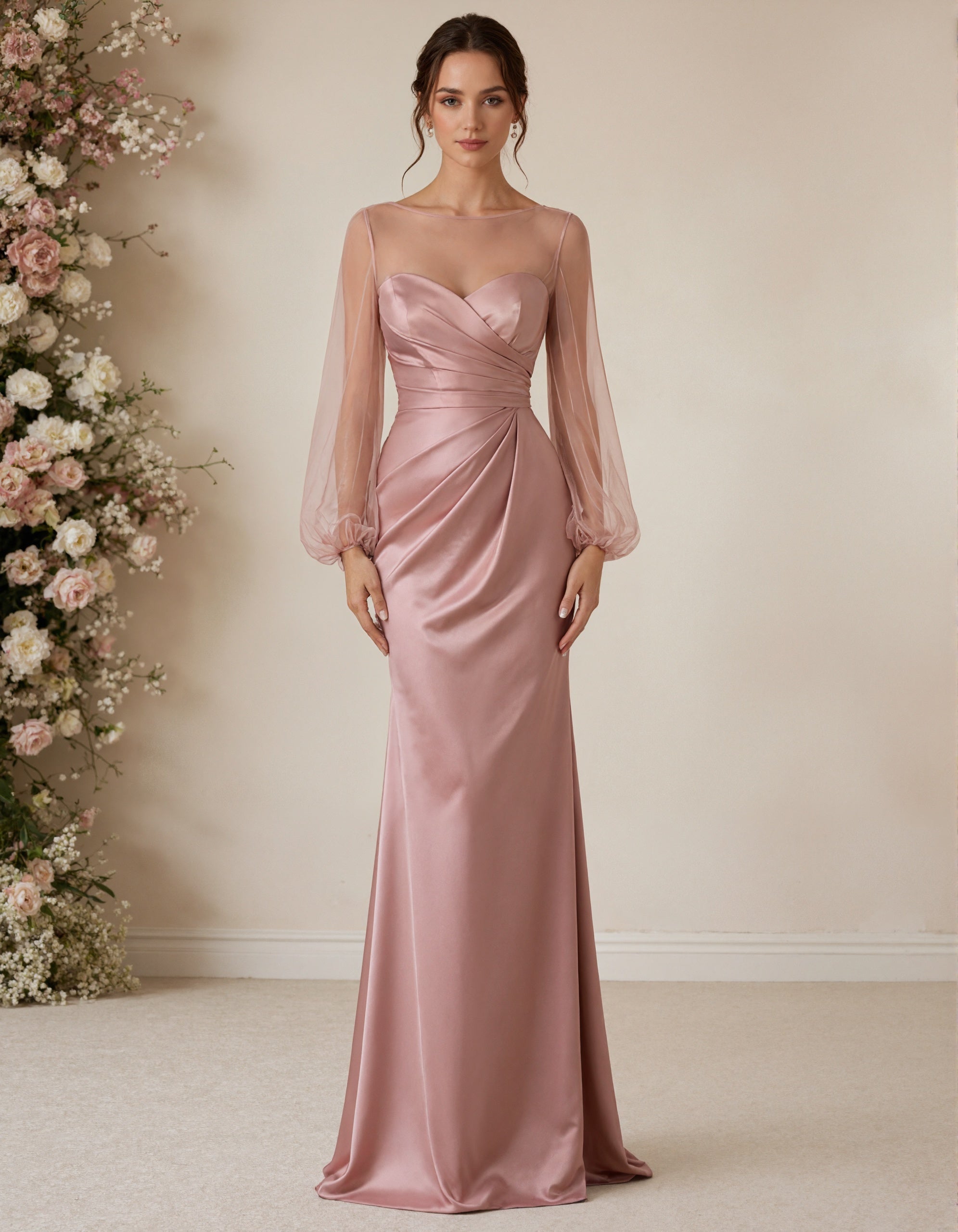 Robe longue rose en satin à col rond avec manches bouffantes en tulle  