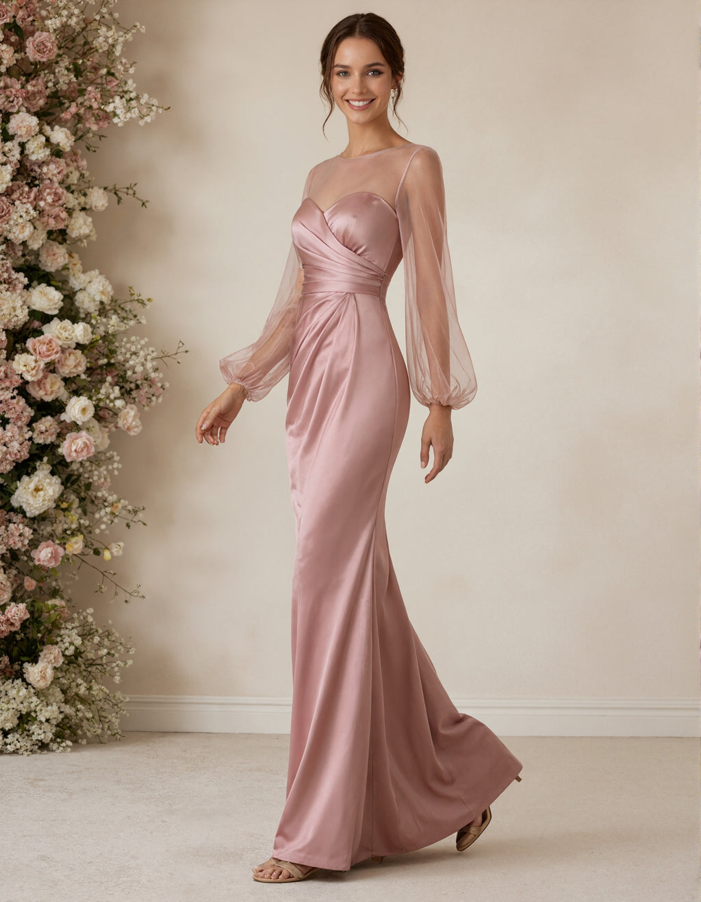 Pink Round Neck Satin Tulle Puff Sleeves Maxi Dress