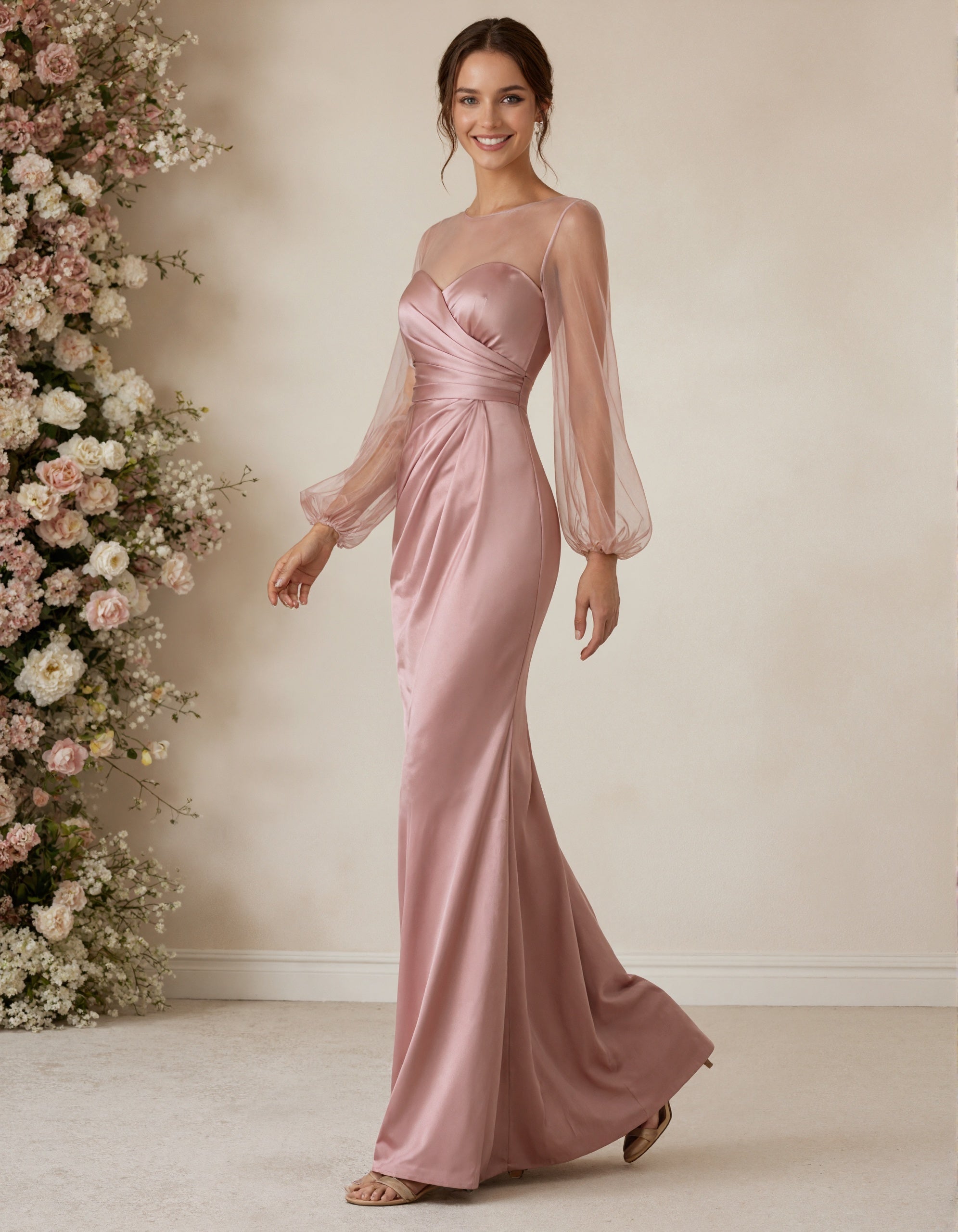 Robe longue rose en satin à col rond avec manches bouffantes en tulle  