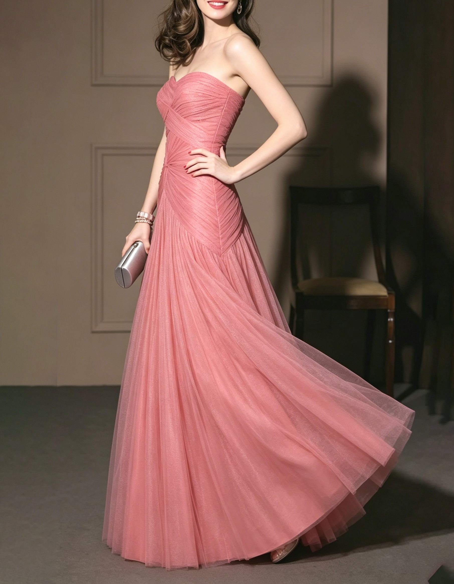 Dusty Pink Strapless Ruched Shimmer Tulle A-Line Maxi Dress