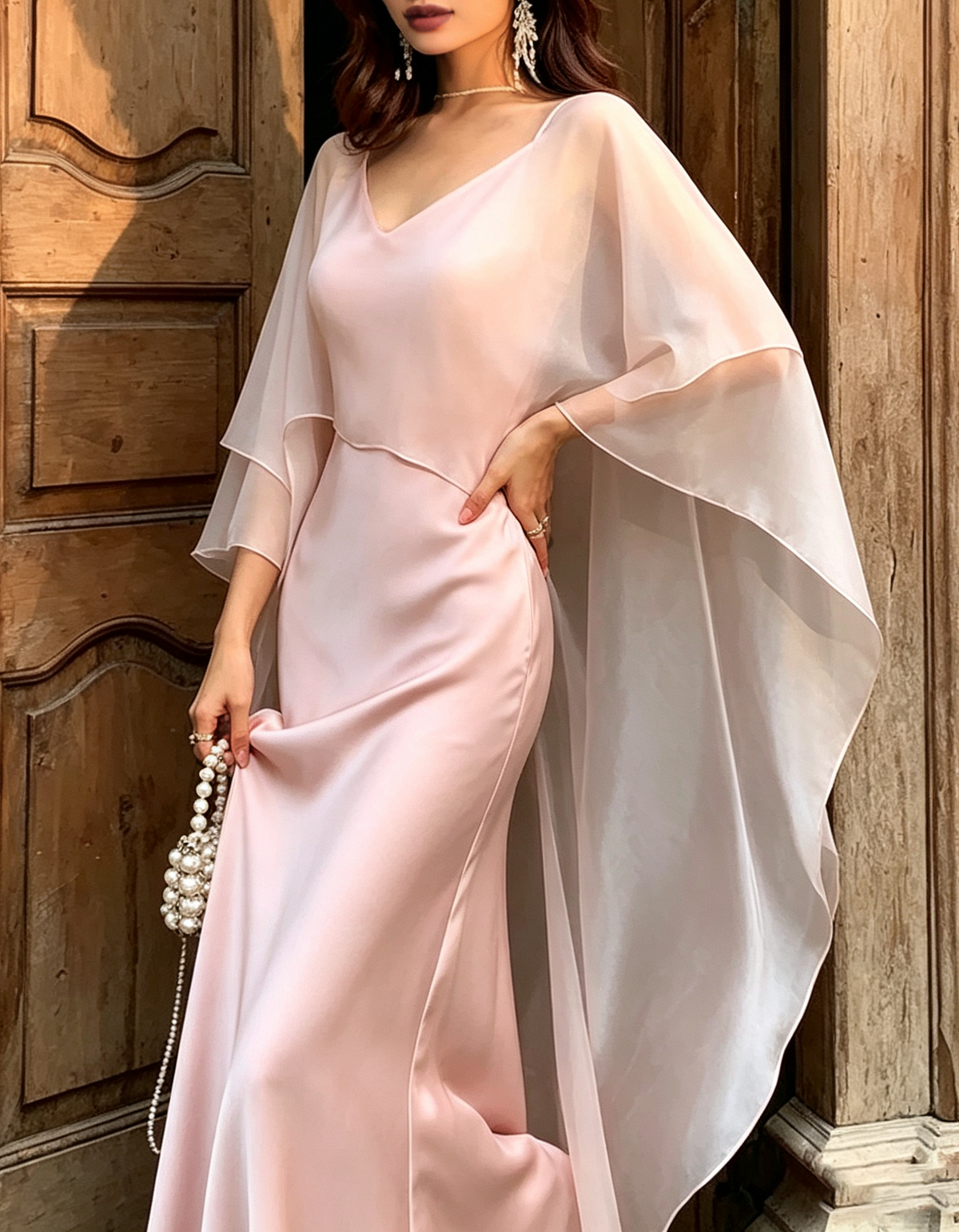 Lichtroze satijnen slip chiffon cape 2-delige zeemeermin maxi jurk