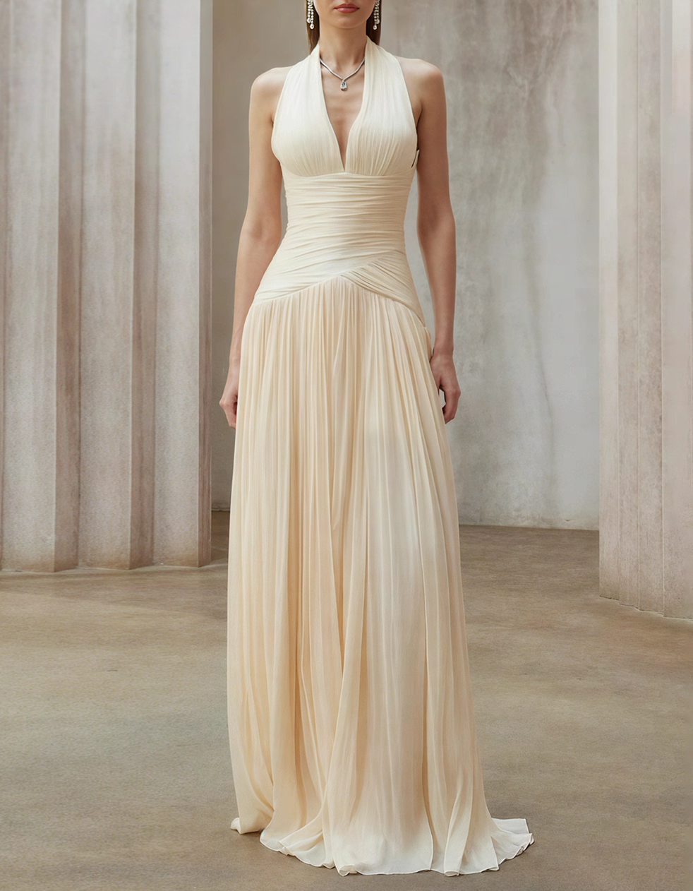 Halter V Neck Back Bow Ruched Pleated Chiffon Maxi Dress