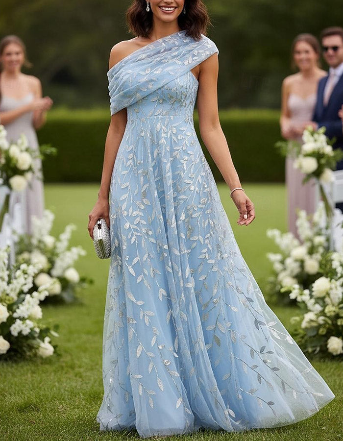 Sky Blue Draped One-Shoulder Silver Leaf Embroidery Tulle A-Line Maxi Dress