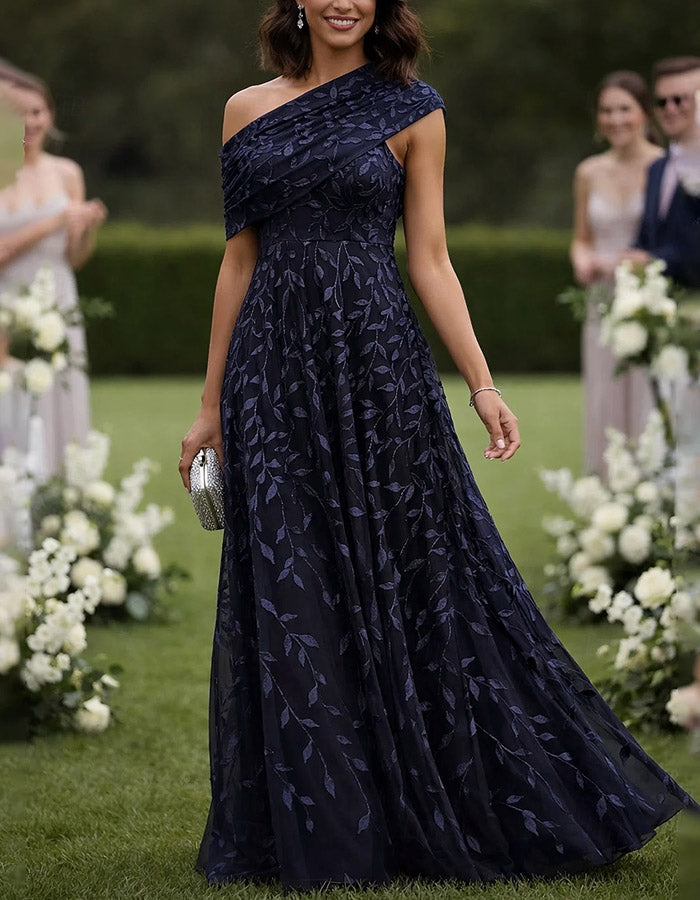 Sky Blue Draped One-Shoulder Silver Leaf Embroidery Tulle A-Line Maxi Dress