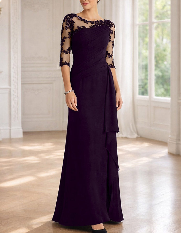 Illusion Bateau 3/4 Floral Lace Chiffon Ruched Maxi Dress