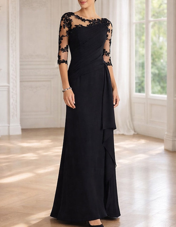 Illusion Bateau 3/4 Floral Lace Chiffon Ruched Maxi Dress