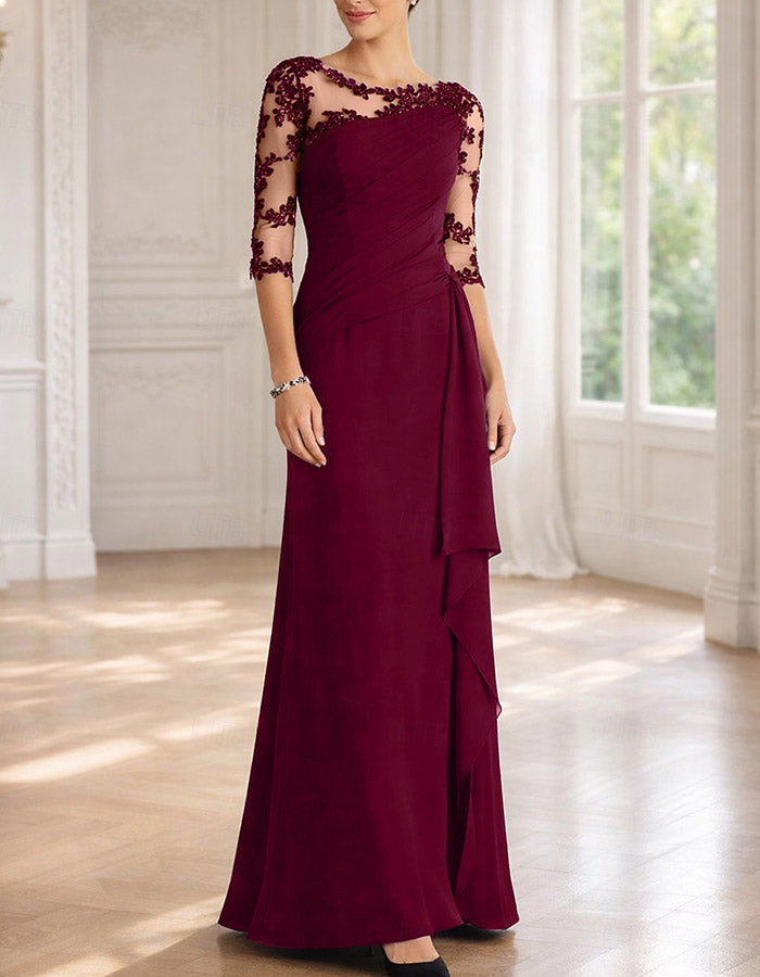 Illusion Bateau 3/4 Floral Lace Chiffon Ruched Maxi Dress