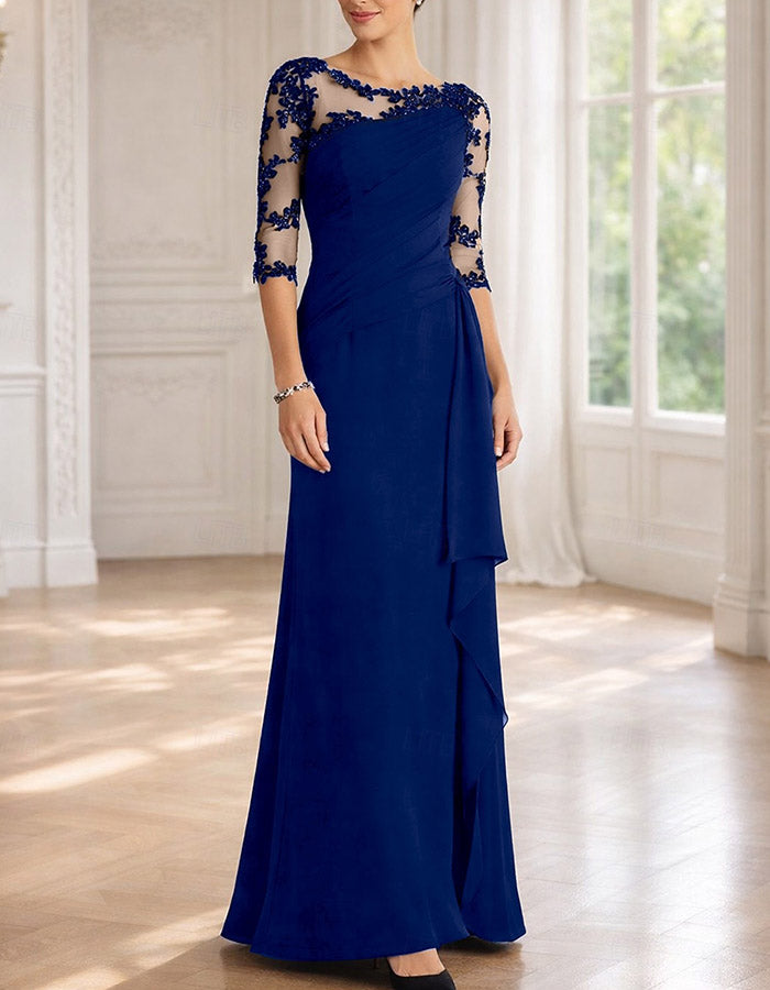 Illusion Bateau 3/4 Floral Lace Chiffon Ruched Maxi Dress