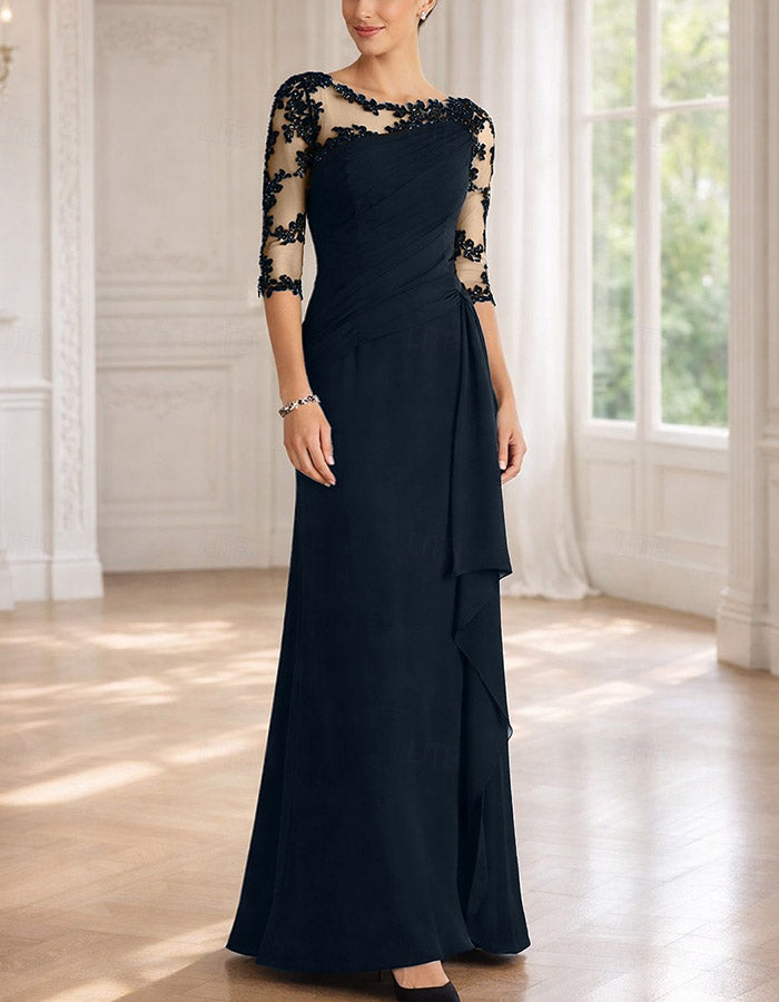 Illusion Bateau 3/4 Floral Lace Chiffon Ruched Maxi Dress