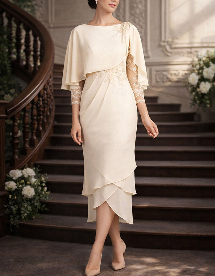 Cream Bateau Cape Overlay 3/4 Floral Lace Chiffon High-Low Midi Formal Dress
