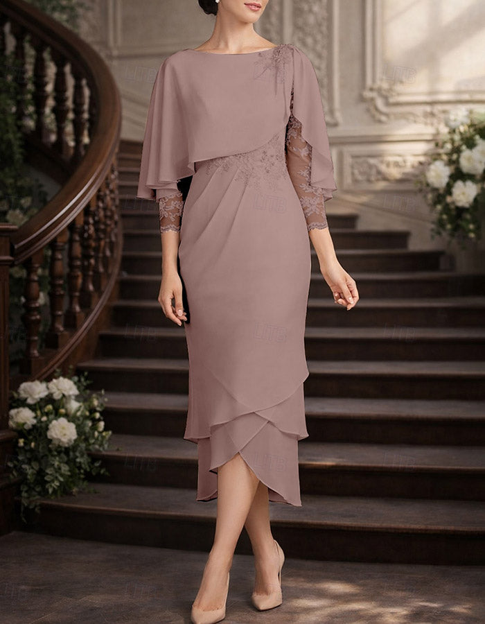 Cream Bateau Cape Overlay 3/4 Floral Lace Chiffon High-Low Midi Formal Dress