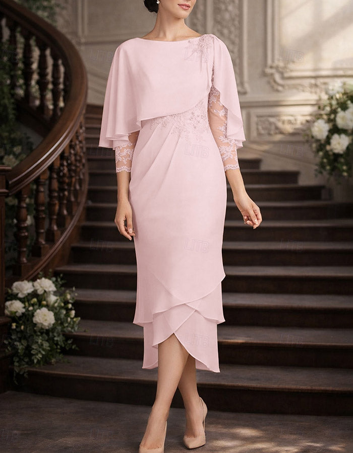 Cream Bateau Cape Overlay 3/4 Floral Lace Chiffon High-Low Midi Formal Dress