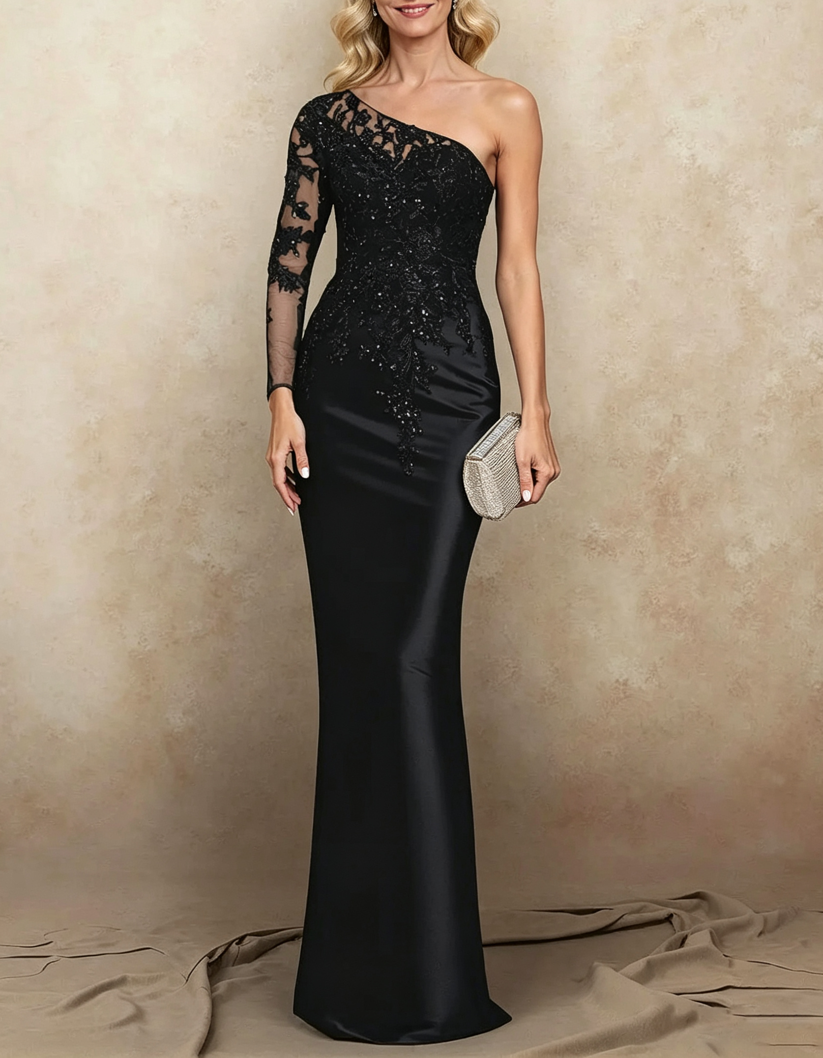 One Shoulder Beaded Lace Satin Mermaid Maxi Formal Dress