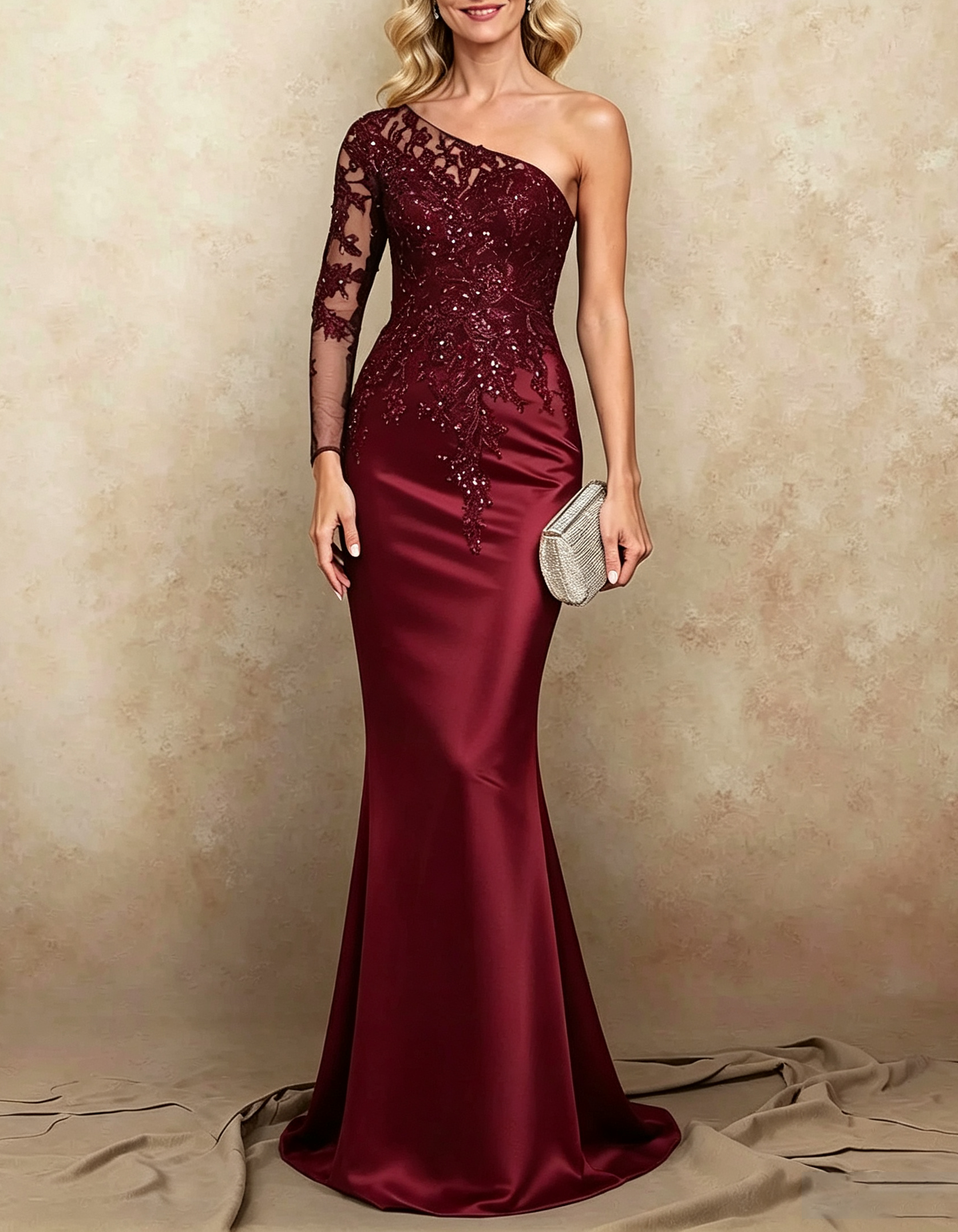 One Shoulder Beaded Lace Satin Mermaid Maxi Formal Dress