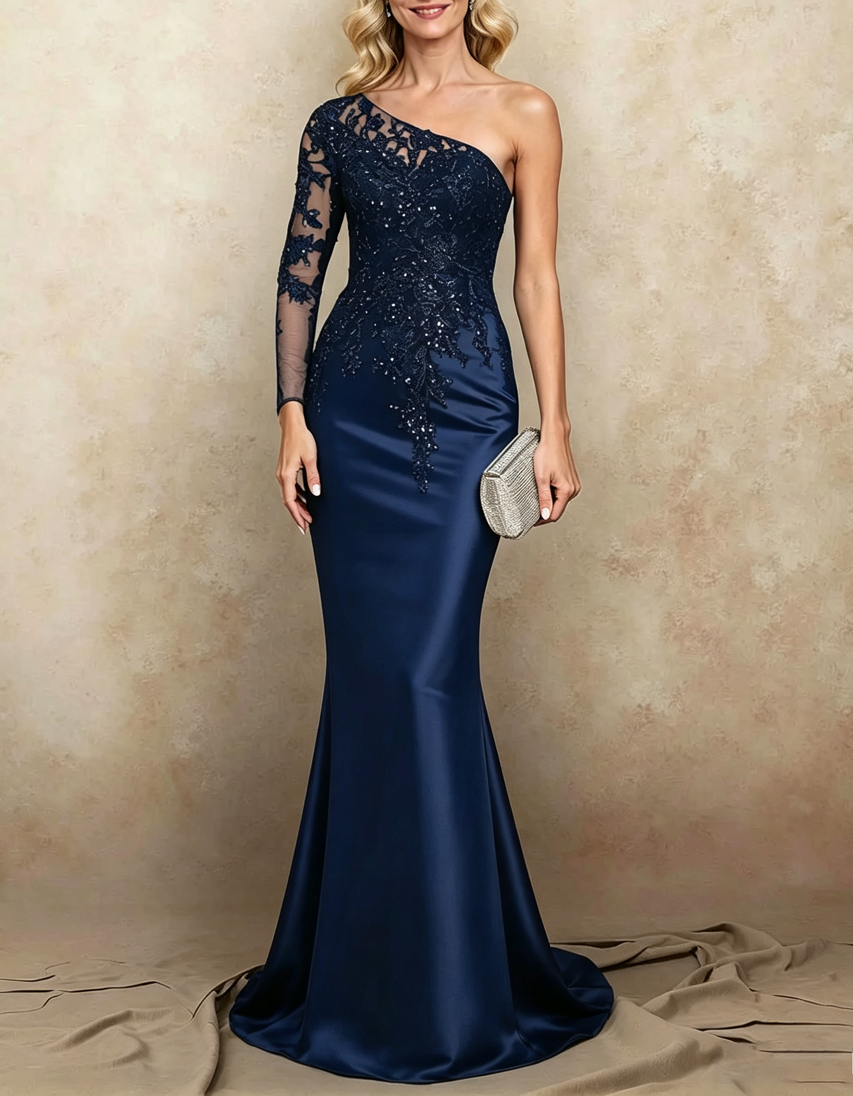 One Shoulder Beaded Lace Satin Mermaid Maxi Formal Dress