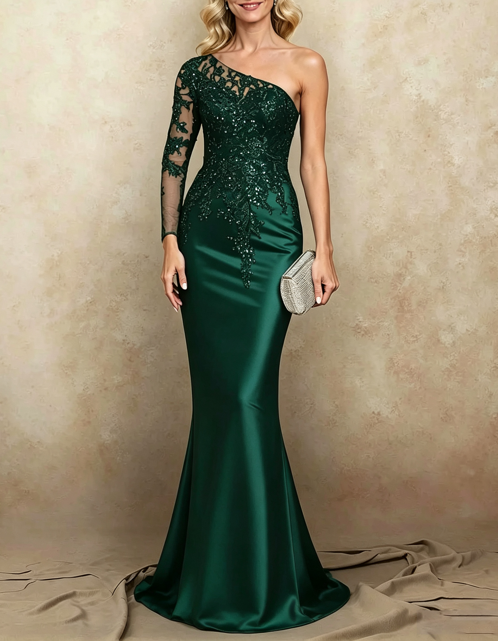 One Shoulder Beaded Lace Satin Mermaid Maxi Formal Dress
