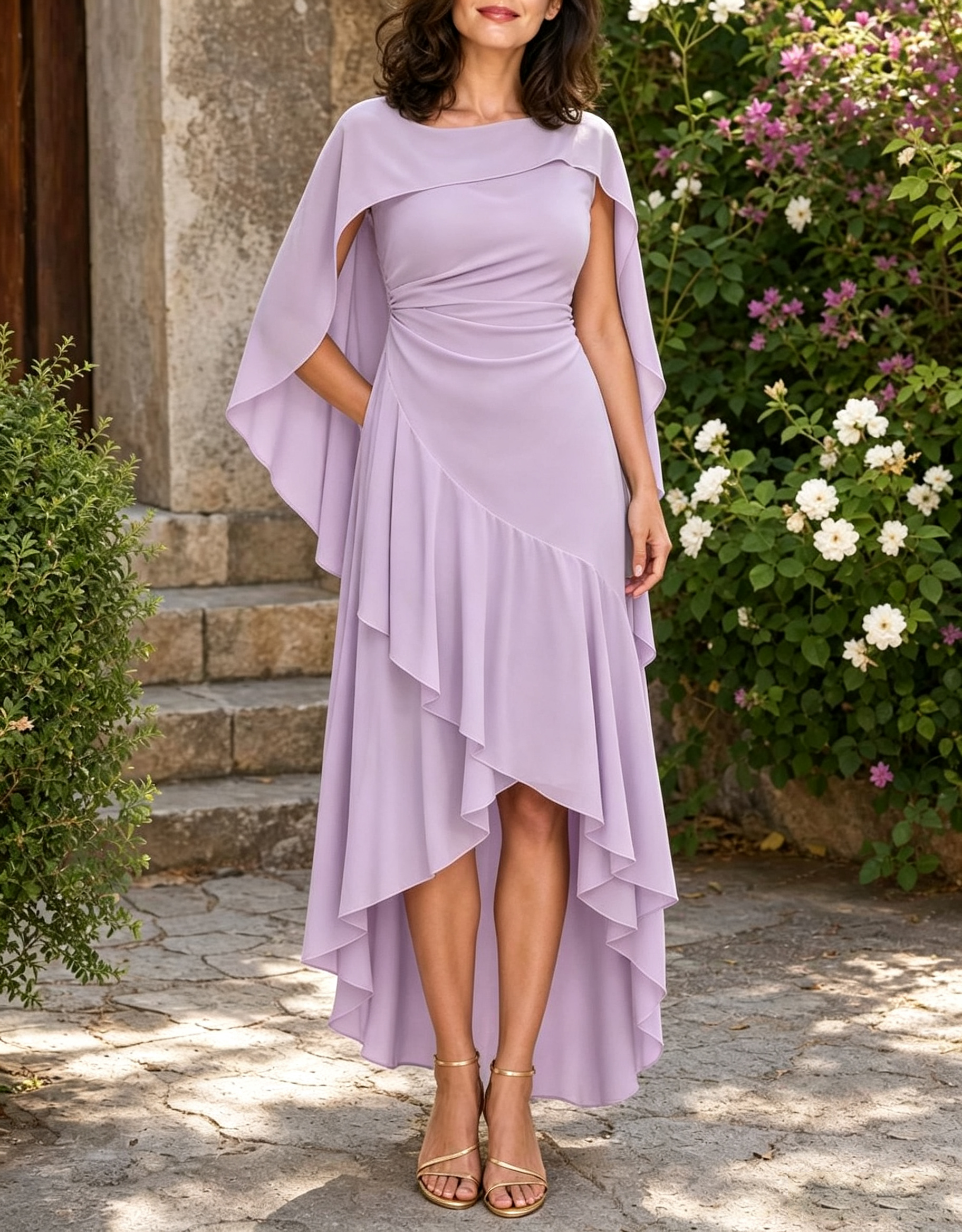 فستان ماكسي رسمي من الشيفون بياقة دائرية وأكمام كيب غير متماثل بطول متدرج