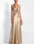 Champagne Colored Satin Backless Halter Neck Fishtail Maxi Dress