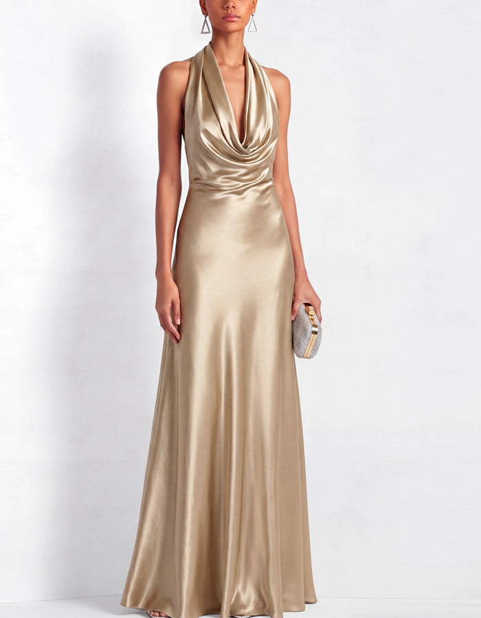 Champagne Colored Satin Backless Halter Neck Fishtail Maxi Dress