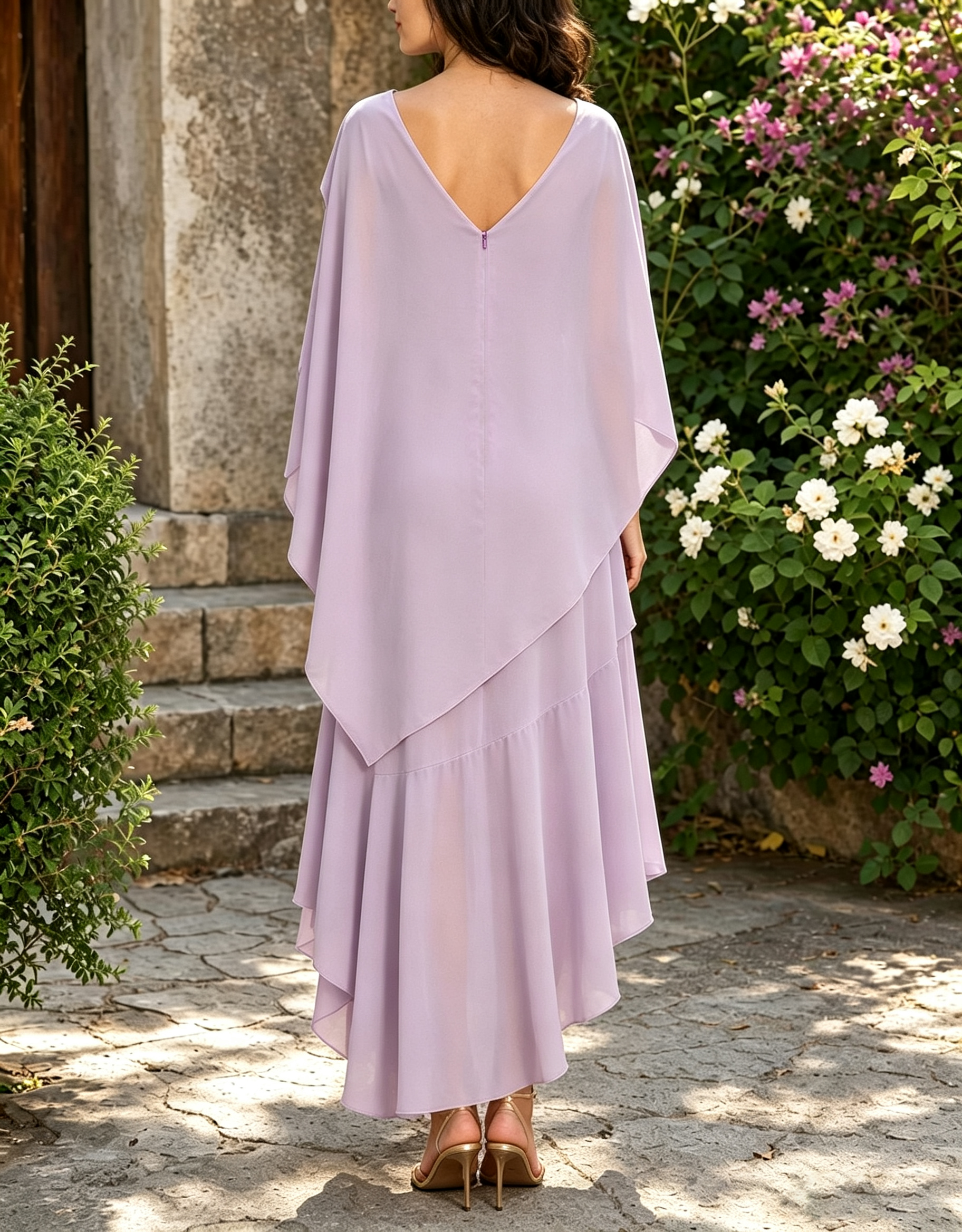 Robe de soirée longue en mousseline avec manches cape, col rond et ourlet asymétrique haut-bas