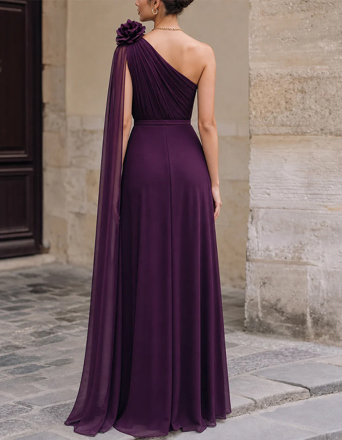 Vestido longo roxo de chiffon com um ombro e design floral 3D  