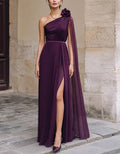 Purple Chiffon One Shoulder 3d Floral Design Maxi Dress