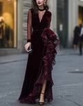Burgundy Red Velvet Tulle Mesh Patchwork Maxi Dress