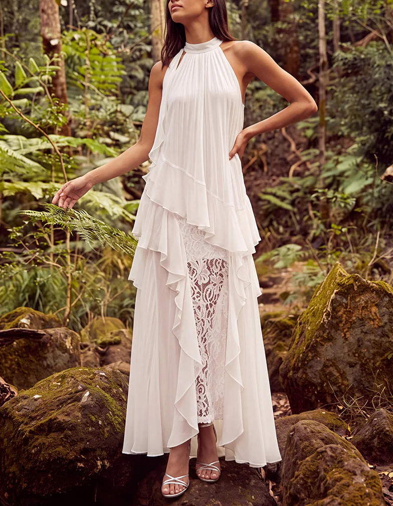 White Halter Neck Tiered Ruffle Chiffon Lace Slit Maxi Formal Dress