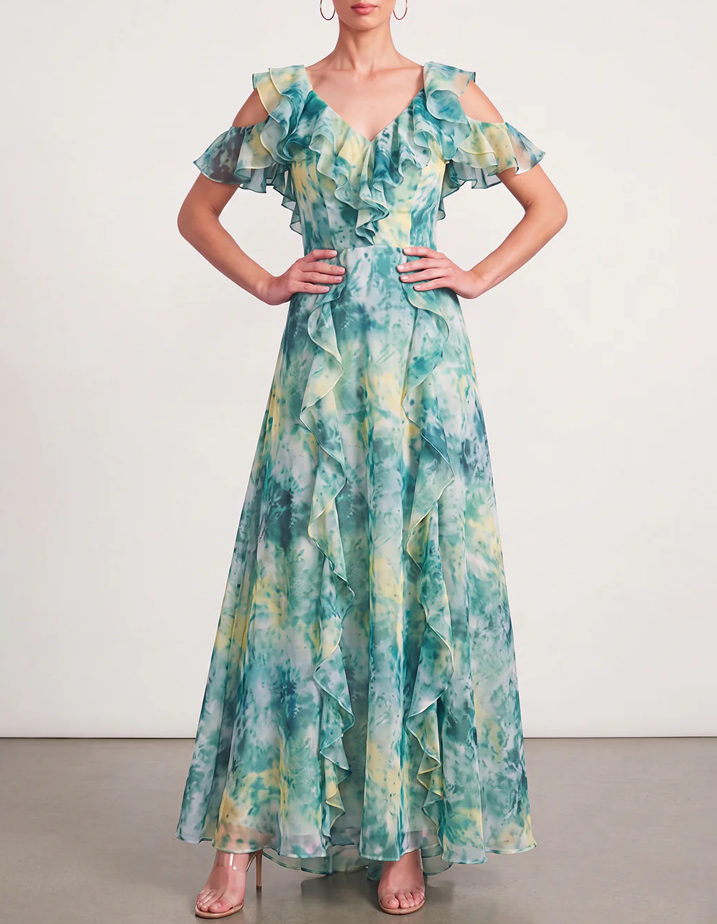 Teal Green Watercolor Print Cold Shoulder Ruffle Chiffon Maxi Formal Dress