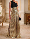 One Shoulder Chiffon Patchwork Maxi Dress