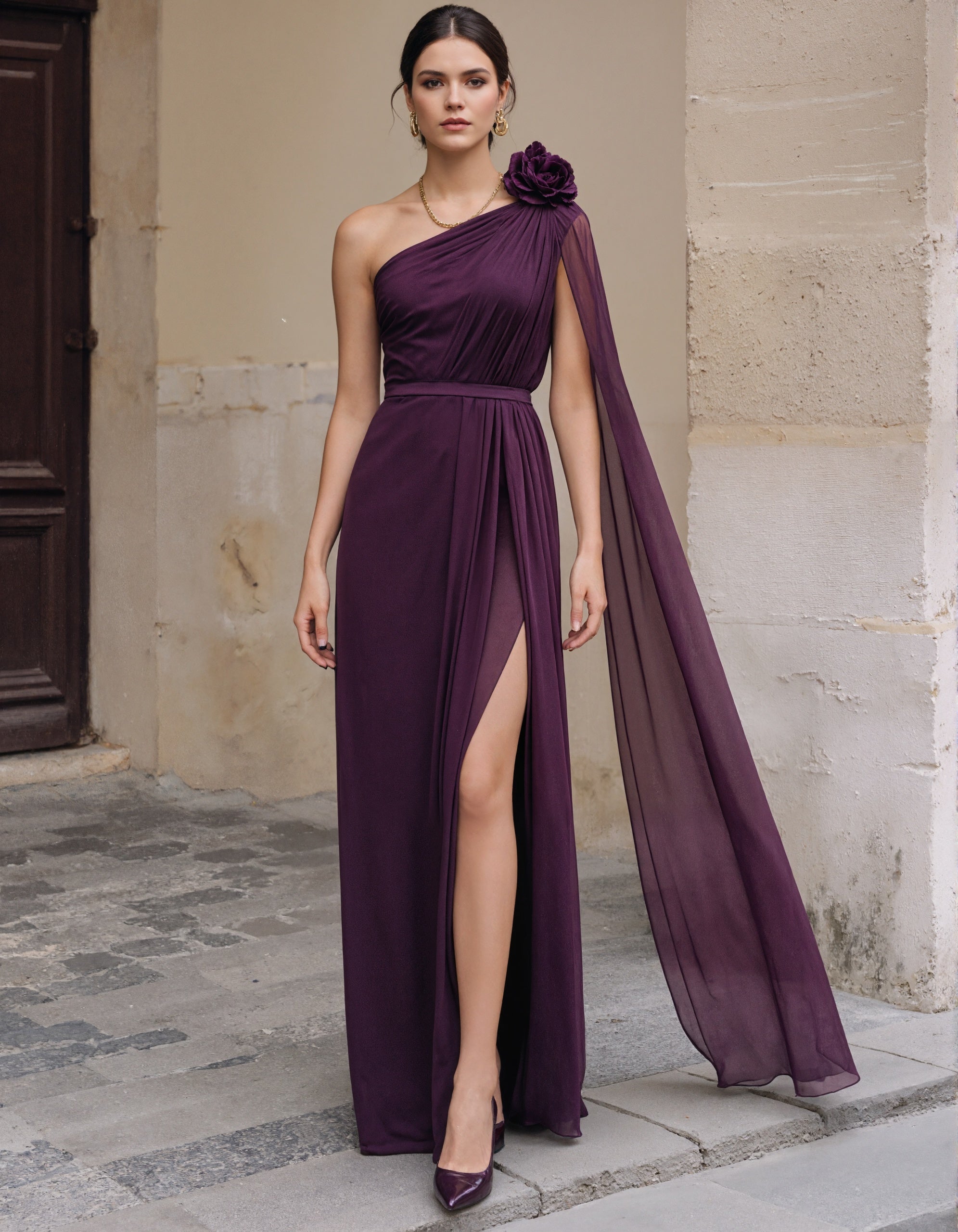 Vestido longo roxo de chiffon com um ombro e design floral 3D  
