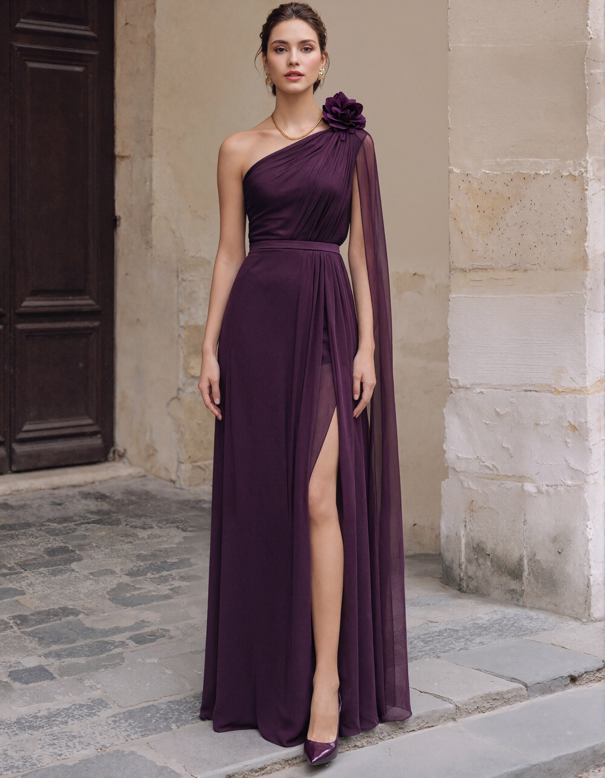 Vestido longo roxo de chiffon com um ombro e design floral 3D  