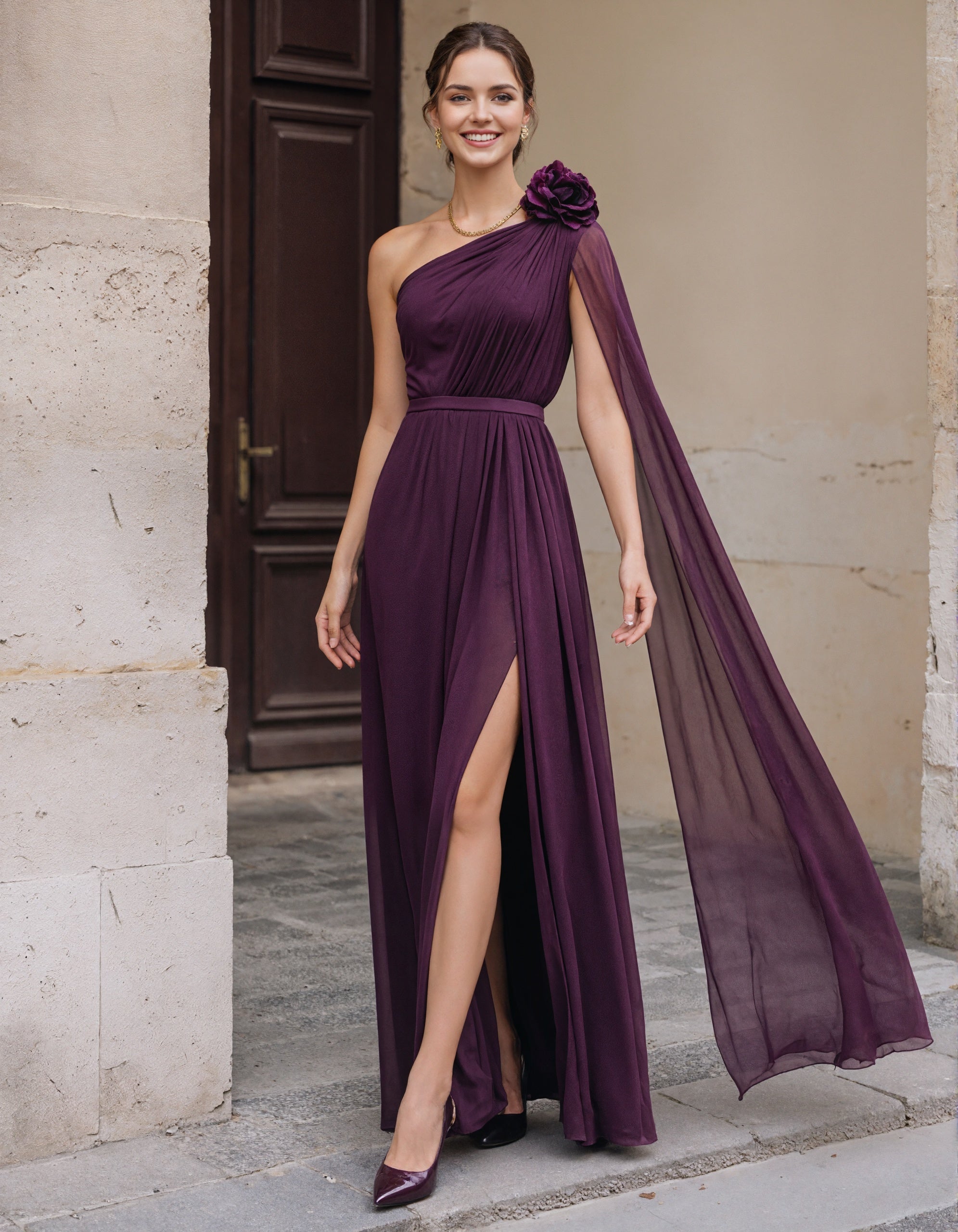 Vestido longo roxo de chiffon com um ombro e design floral 3D  