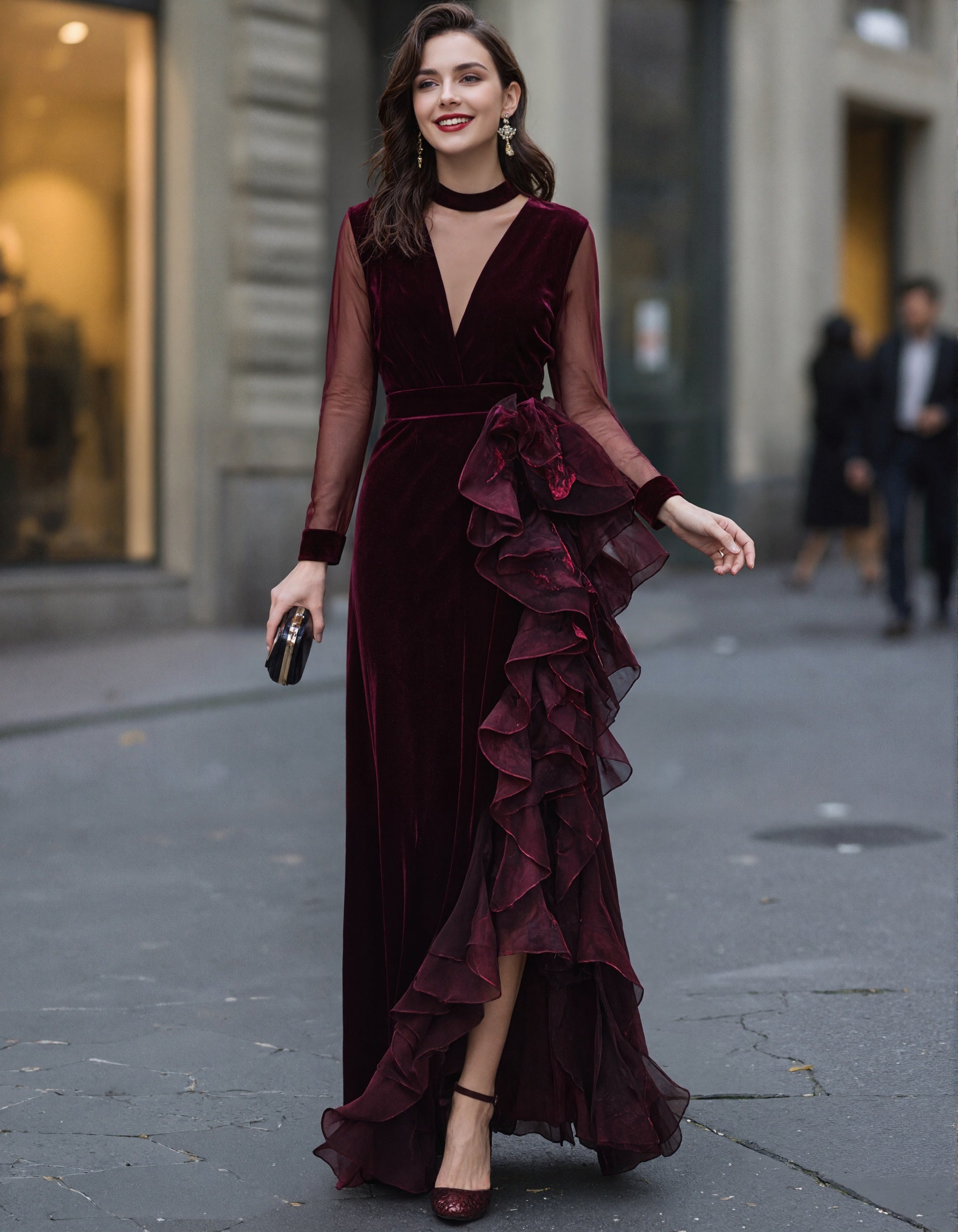 Vestido longo borgonha de veludo com tule, malha e patchwork  
