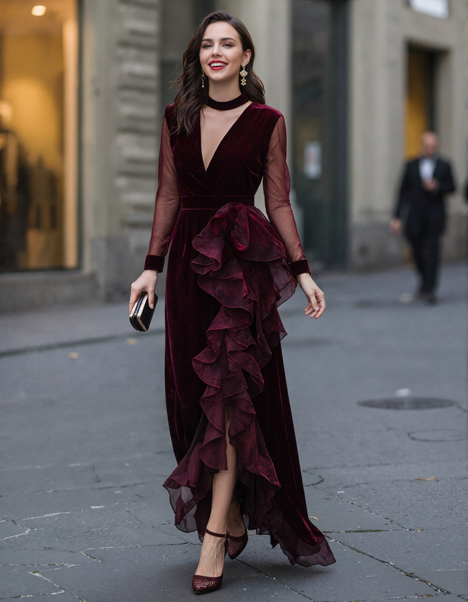 Vestido longo borgonha de veludo com tule, malha e patchwork  
