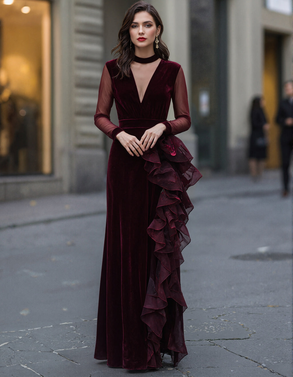 Burgundy Red Velvet Tulle Mesh Patchwork Maxi Dress