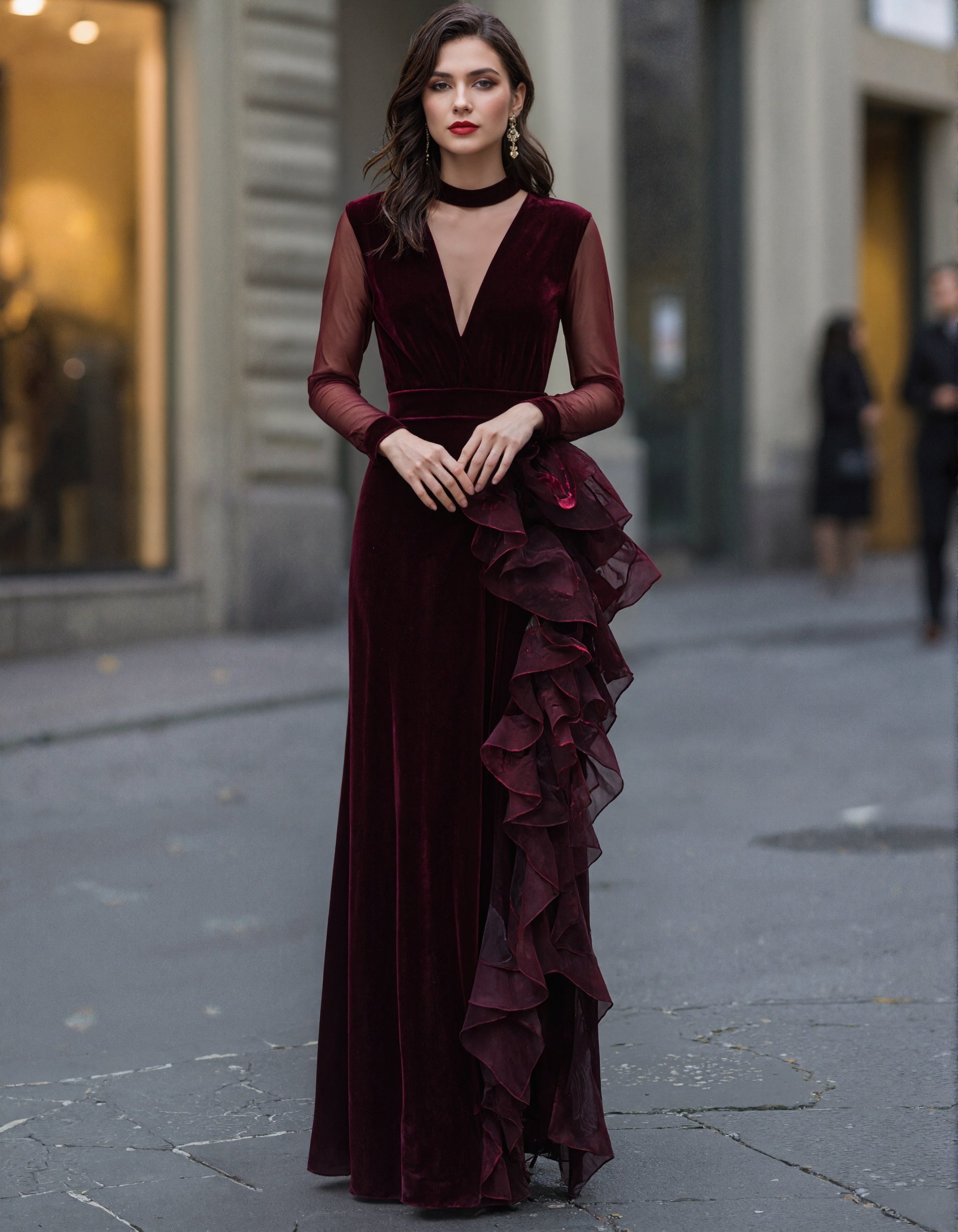 Vestido longo borgonha de veludo com tule, malha e patchwork  