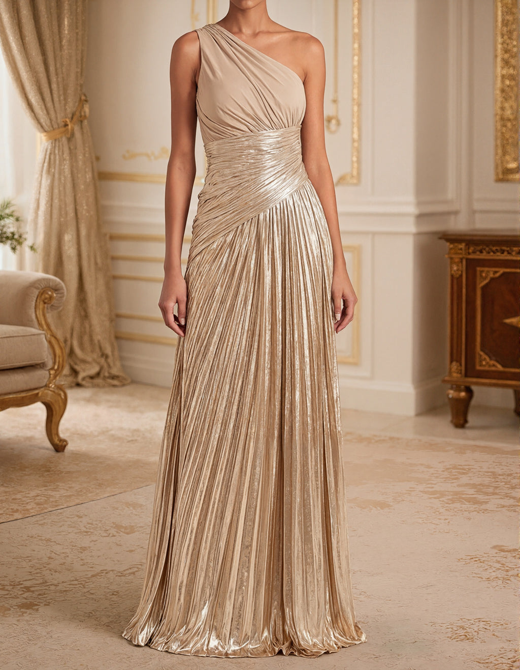 One Shoulder Chiffon Patchwork Maxi Dress