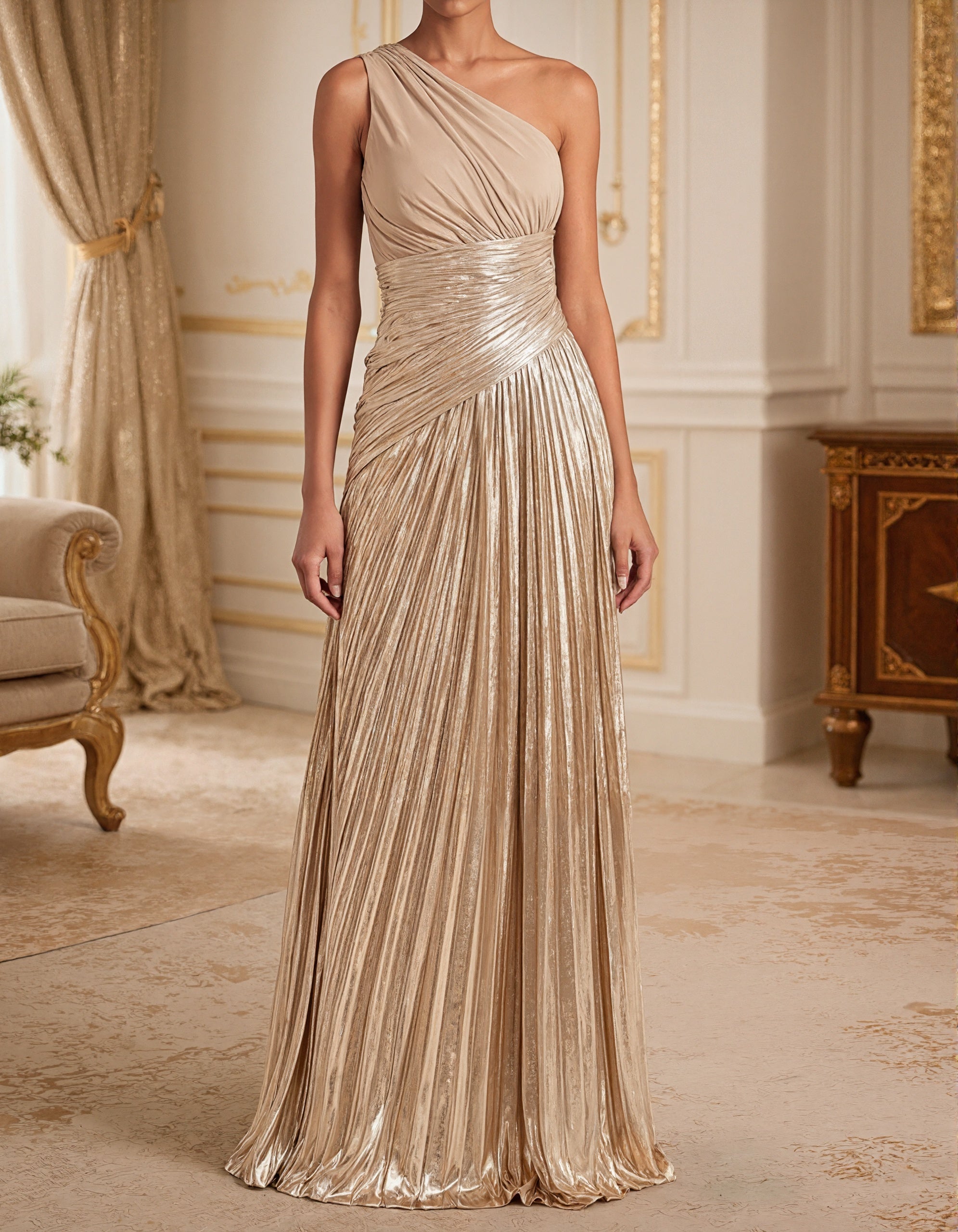 Vestido longo de chiffon com um ombro e patchwork  