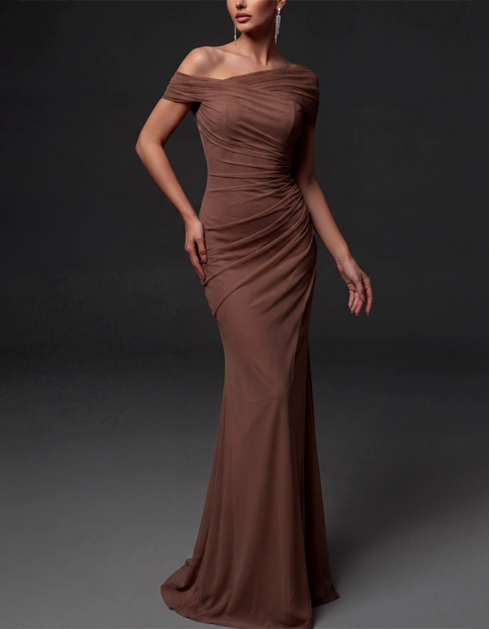 Pink Off-the-Shoulder Diagonal Ruched Chiffon Mermaid Maxi Dress
