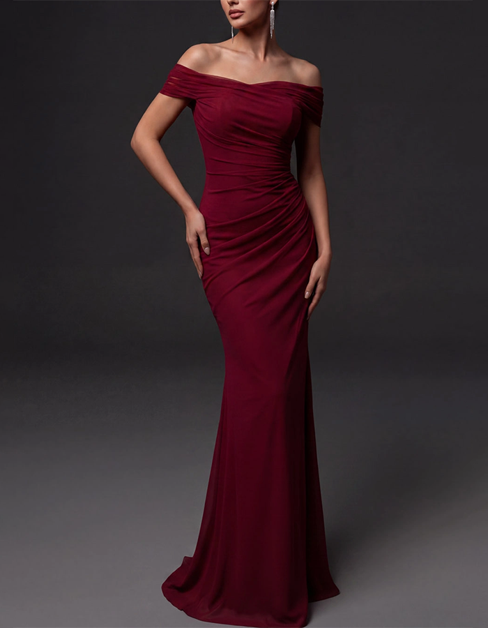 Pink Off-the-Shoulder Diagonal Ruched Chiffon Mermaid Maxi Dress