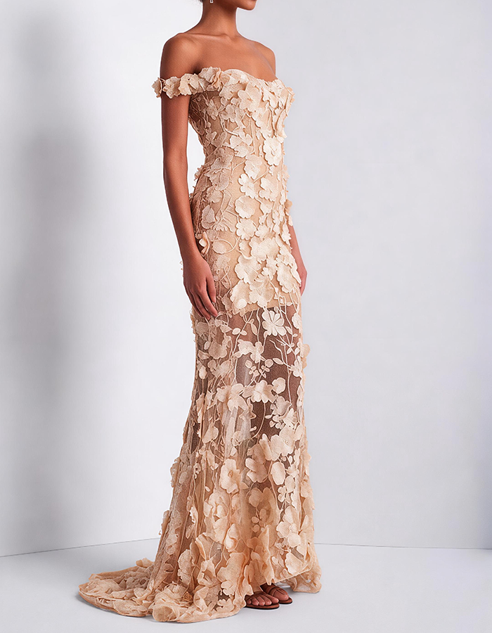 Champagne Off-the-Shoulder 3D Floral Mesh Mermaid Maxi Dress