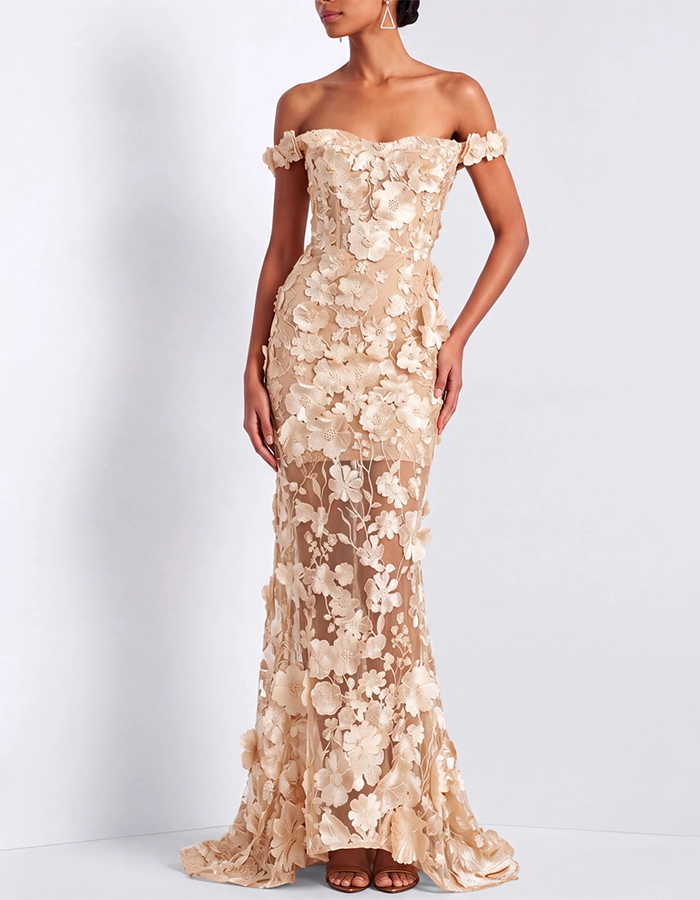 Champagne Off-the-Shoulder 3D Floral Mesh Mermaid Maxi Dress